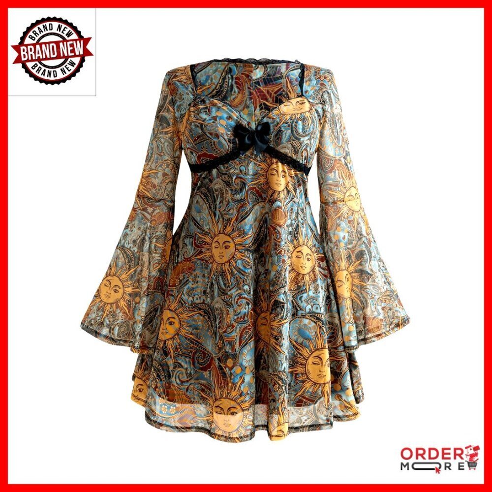Plus Size Long Sleeve V Neck Mini Dress with Bell Sleeves and Bow Detail